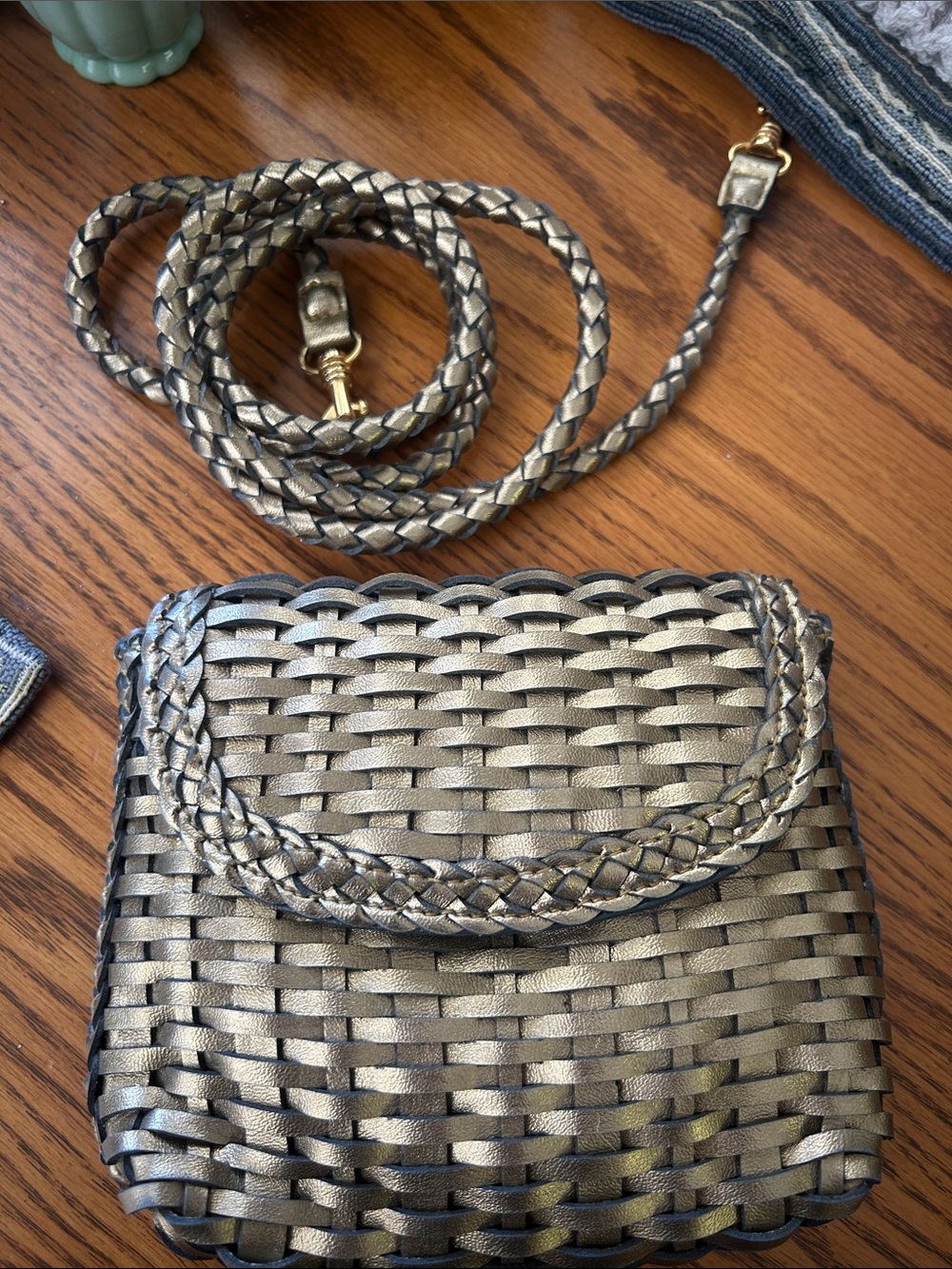 Woven Metallic Crossbody Bag in Gold